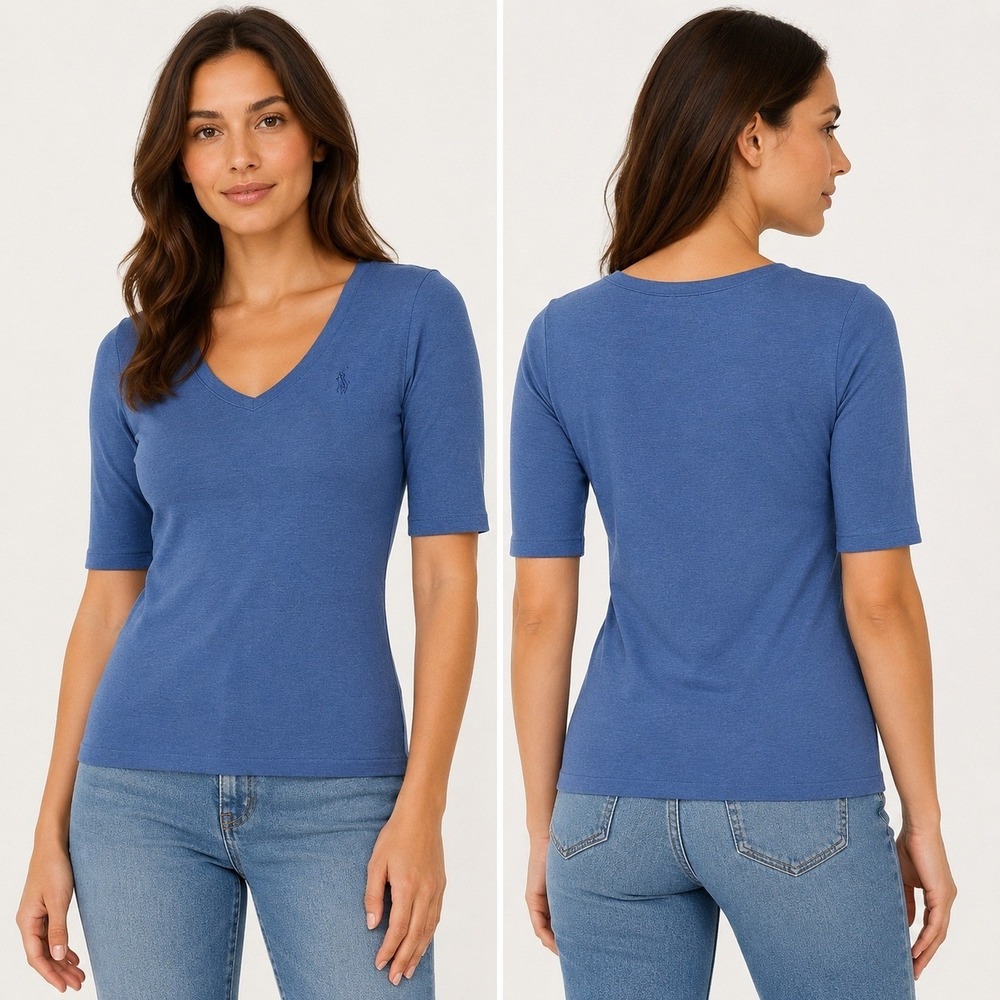 Polo Ralph Lauren Tee Women M Blue V-neck Stretch Cotton Elbow Sleeve Slim Pony